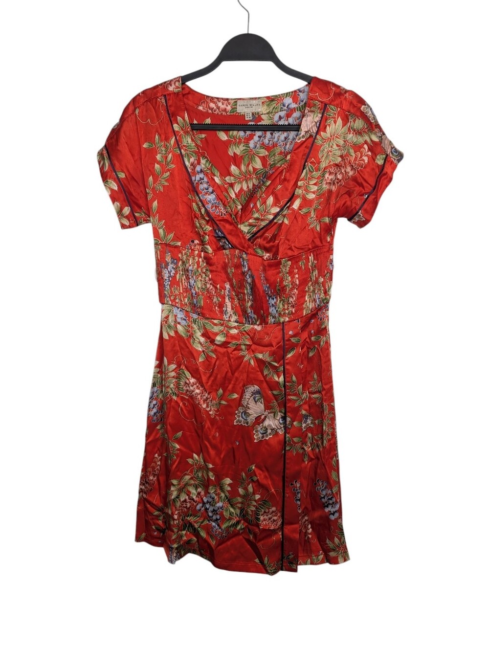 Vintage 90s Karen Millen Red Oriental Floral Butterfly 100% Silk Dress Size 4